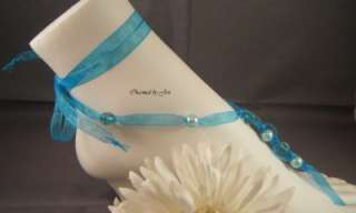 New Handmade TURQUOISE Wedding Beach Bridal Ribbon BAREFOOT SANDALS