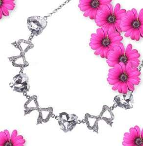   CHELSEA NECKLACE Bows Hearts Silver Swarovski Crystals NEW $97 ASF