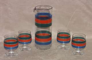   Vintage Glass Striped Pitcher Jug 4 matching Stemmed Glasses/Tumblers