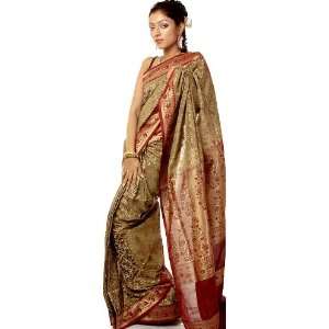  Silver Sage and Maroon Jamdani Sari from Banaras with Hand 