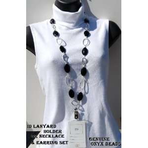 Beaded Lanyard & Necklace Set Black Onyx/Silver 0303ONX