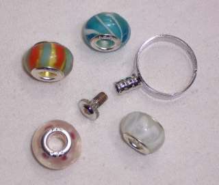 4pc LARGE HOLE COLORED GLASS BEADS AND INTERCHANGEABLE ADJUSTABLE RING 