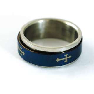  Decent Carved Cross Stainless 316L Steel Blue Band Ring Top  
