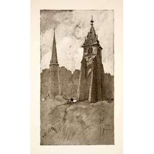  1911 Print Bergues France Saint St. Winnoc Belfry Tower 