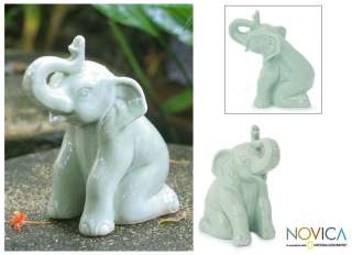 GREEN ELEPHANT WELCOME~~Thai Celadon Ceramic Sculpture  