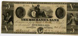US Paper Money 1861 $5 Mechanics Bank Augusta GA XF  