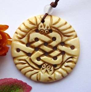 Ox Bone Carved Two Lucky Bats Chinese Knot Pendant  