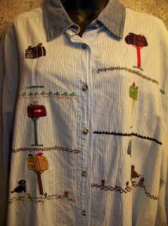   3X 22/24W shirt button down mailbox bird dog embroidered detail  
