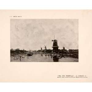  1907 Halftone Print Five Windmills Netherlands River Canal 