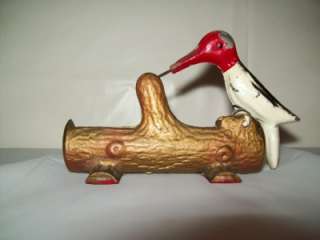 Antique Wood Pecker Cast Iron Toothpick Holder  