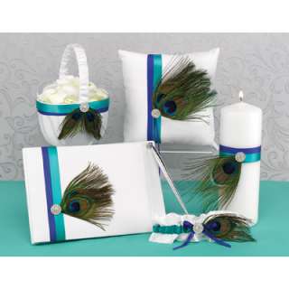 Peackock Feather Wedding Set: Guest Book, Pillow, Garter, Basket, Pen 
