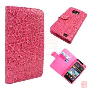 Hot Pink Croco Folio Wallet Leather case Cover For Samsung Galaxy S2 