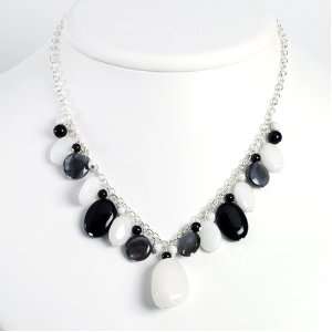   Silver Blk Agate/Hematite/Black MOP/Oynx/White Jade Necklace: Jewelry