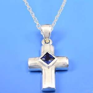   Silver Synthetic Blue Spinel Gemstone Cross Pendant