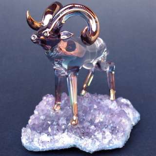 Bighorn Sheep Ram Figurine Glass Amethyst Crystal Gold  