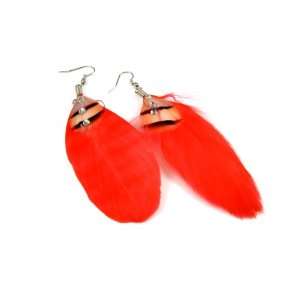  Apple Red Feather Fashion Dangle Earrings with Rhinestone Accents 