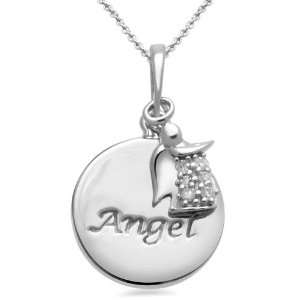  Sterling Silver Engraved Angel Diamond Pendant Necklace (0 