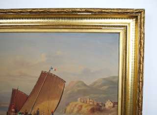 ANTIQUE OIL CANVAS MARINE PAINTING OF BOAT AND VILLAGE  