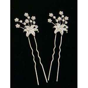  Austrian Crystal Flower Bridal Hair Pins Sticks (Set of 2 