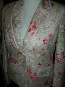 Womens Khaki Brown Pink Floral Print Linen Rayon Blazer Career Jacket 