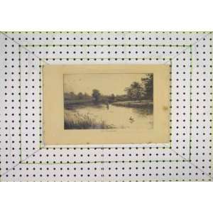   : Antique Print Country Scene Broadwater Man Fishing: Home & Kitchen