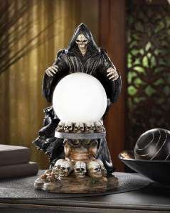 GRIM REAPER Skeleton & SKULL Ringed Glass Crystal Ball/Globe Tabletop 