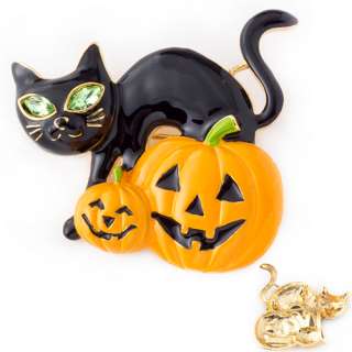 Halloween Costume Jewelry Black Cat Pumpkin Face Crystal Brooch Pin 