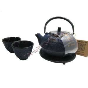  Japanese Cast Iron Tea Pot Cup Set Blue Bamboo with Trivet 