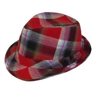 FEDORA TRILBY COTTON HAT RED BLK WHITE PLAID LARGE XL:  