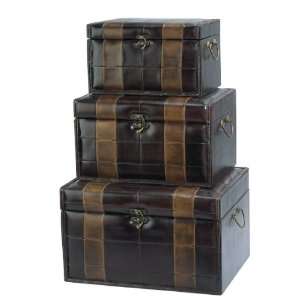   Andrea By Sadek Set Of 3 Wood And Leather Trunks Patio, Lawn & Garden