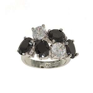 Ovals and Rounds Silvertone Cluster Fashion Cocktail Ring in Jet Black 