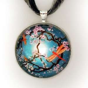   Peace Tree with Orange Dragonflies Handmade Fine Art Pendant: Jewelry