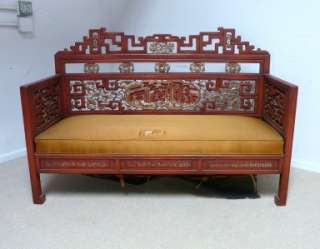 Antique RED CHINESE BENCH SOFA Carved Gilt Greek Key Details HOLLYWOOD 