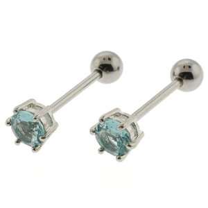  Tongue Barbell with Round, Light Blue CZ, 6 Prong Set, 8mm 