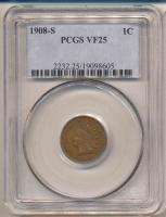 1908 S INDIAN CENT VF25 PCGS. Sharply Detailed.  