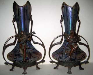 art nouveau kralik art glass & bronze vases  