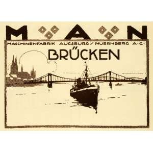  1926 Photogravure Ludwig Hohlwein Bridge Ship MAN 
