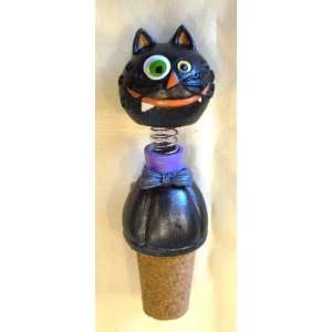 Crazy Black Cat Bobble Head Bottle Stopper  Kitchen 
