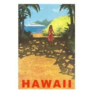  Hawaii, Cruise Liner, Girl on Beach Path Premium Poster 