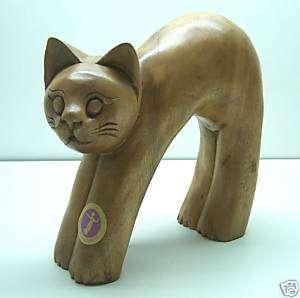 WOOD CARVED SCARED CAT ART STATUE HANDCRAFTED THAILAND  