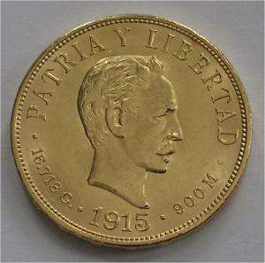 CUBA 10 GOLD PESOS COIN, JOSE MARTI 1915 AU, RARE  