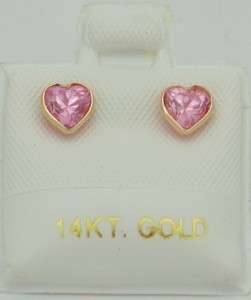 14K Yellow Gold Pink Cubic Zirconia Heart Shaped Studs  