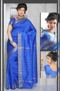   Blue Art Silk Saree Sari fabric India Golden Border Clothing