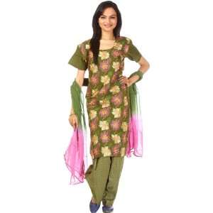  Henna Green Salwar Kameez Fabric with All Over Floral Ari 