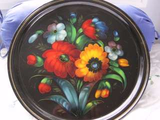   Painted Tole Red & Yellow Flowers Vintage Russian Toleware Tray  