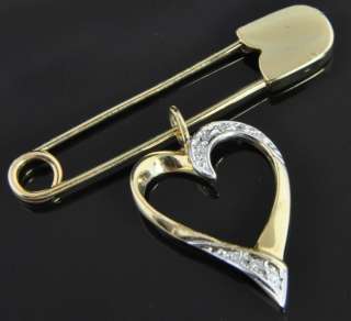 Two Tone 14K Gold Diamond Heart Dangle Charm Pendant Brooch Scarf 