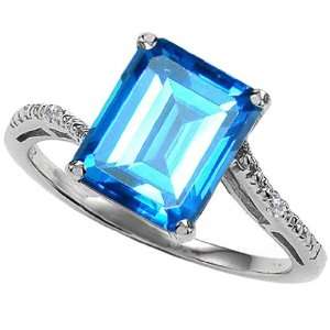   Emerald Cut Blue Topaz and Diamond Ring(Metalwhite gold,Size6.5
