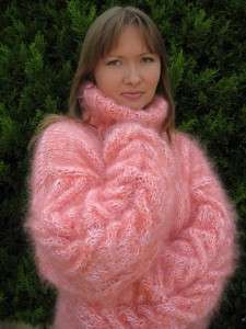FUZZY LONGHAIR HAND KNITTED SALMON WHITE MOHAIR SWEATER  