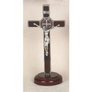  INRI Crucifix with St. Benedict Medal on Wood Base Enamel 