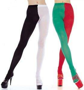 Two Tone Jester Tights Harlequin Red Green White Black  